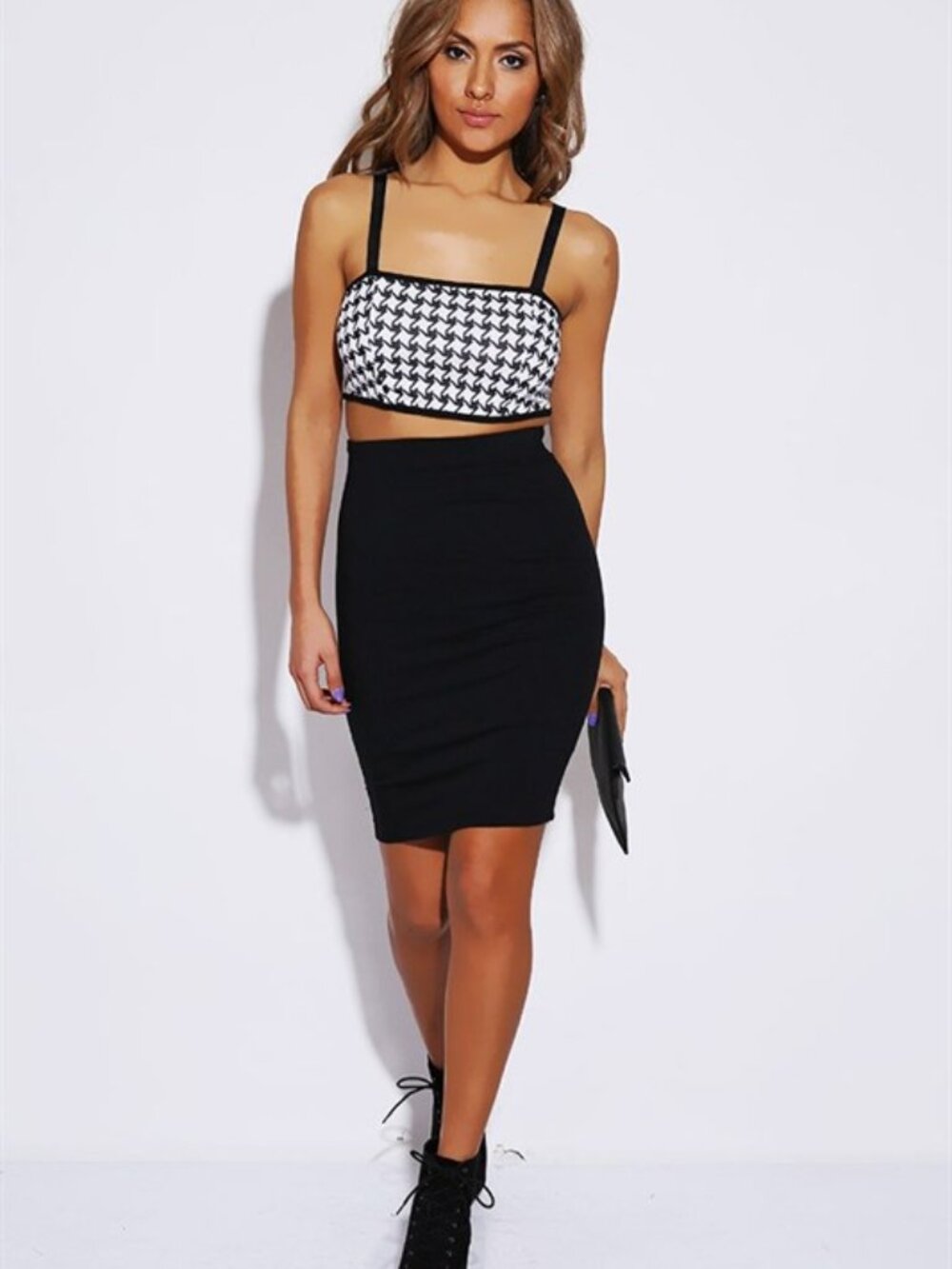 Houndstooth Crop Tops Women Spaghetti Strap, Black White